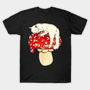 Cute White Cat Sleeping On Red Spotted Mushroom T-Shirt